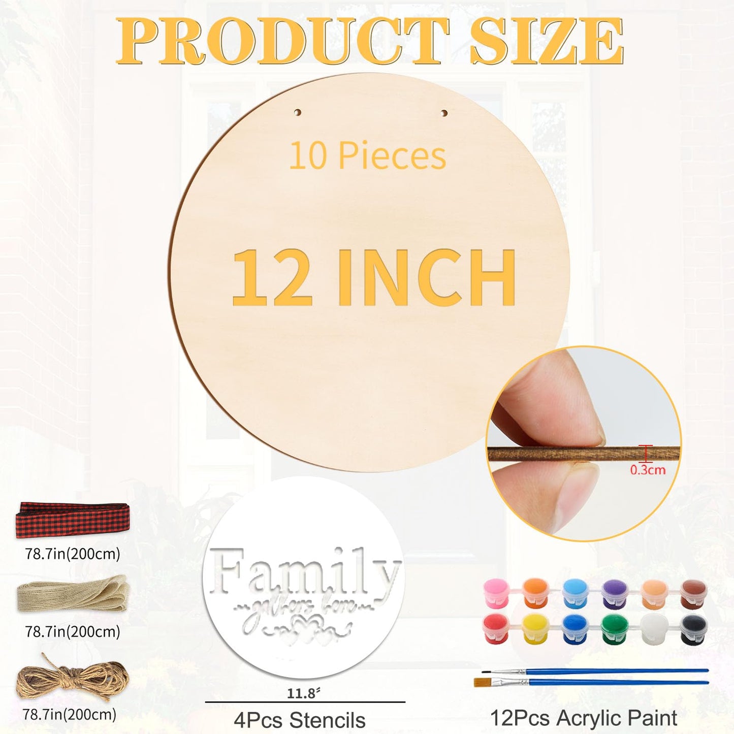12 Inch Wood Circles for Crafts, 10Pcs Unfinished Wood Rounds with 4 Stencils & Painting, DIY Wooden Crafts for Door Hanger, Sign, Wood Burning, Painting, Gifts for Father's Day Home Decor