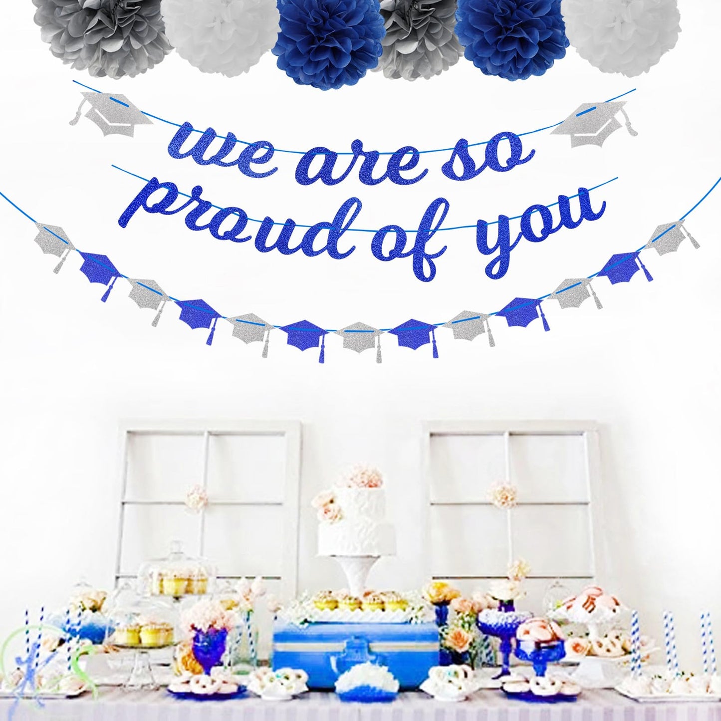 Navy-Blue White-Silver Party-Decoration Graduation Banner - 8pcs Kits Cap Garland Streamers, Paper Tissue Pom Poms Flowers,We are So Proud of You Congratulations Grad 2026 Decor Lasting Surprise