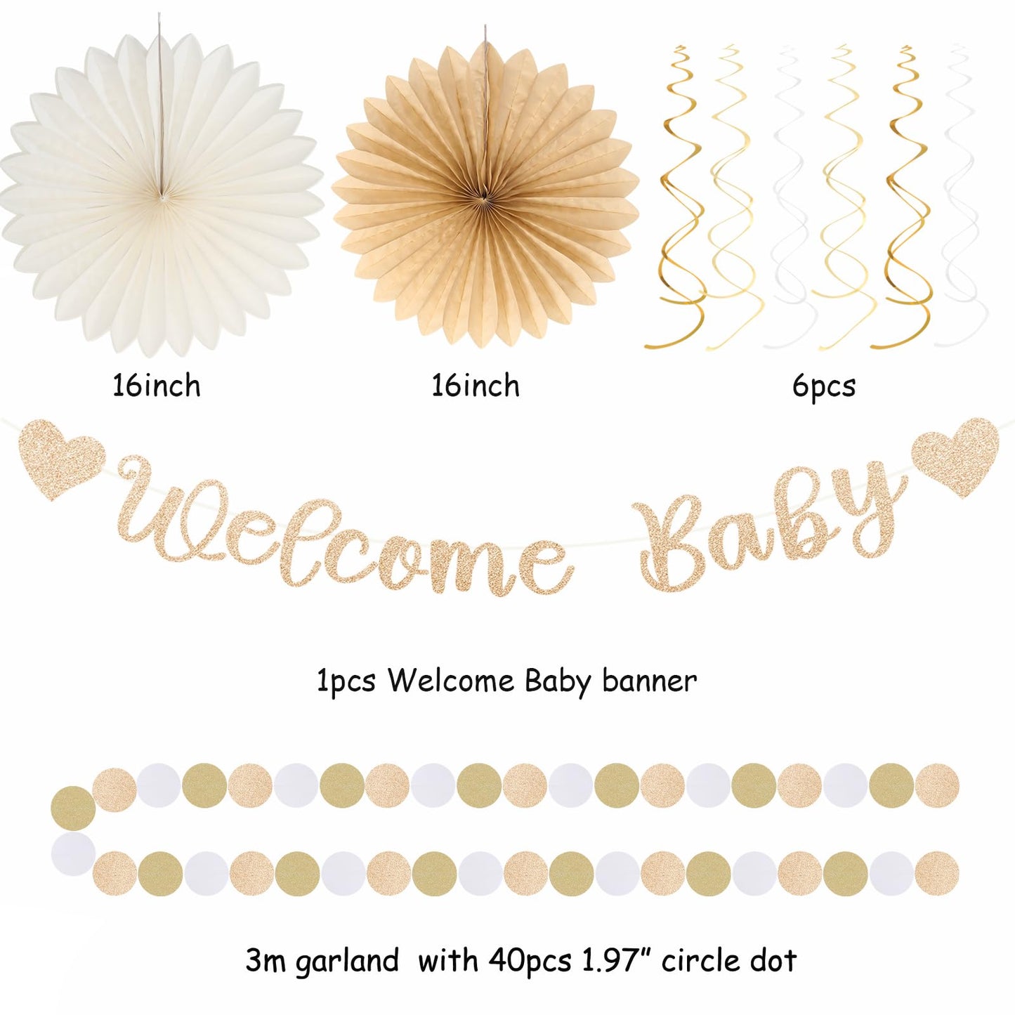 Champagne-Gold Fall Boho Baby Shower Party-Decorations - 21pcs Girls Welcome Baby Banner,Beige One Sweet Peach Paper Lanterns Pom Poms, Neutral Streamers Garland Decor Favors Huglony