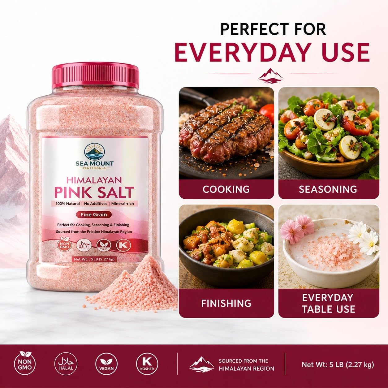 Himalayan Pink Salt Fine Grain 80oz (5 Pound), Kosher Certified, Non-GMO, Pure Mineral-Rich Pink Himalayan Sea Salt, For Cooking, Seasoning, Baking & Table Salt - Sea Mount Naturals