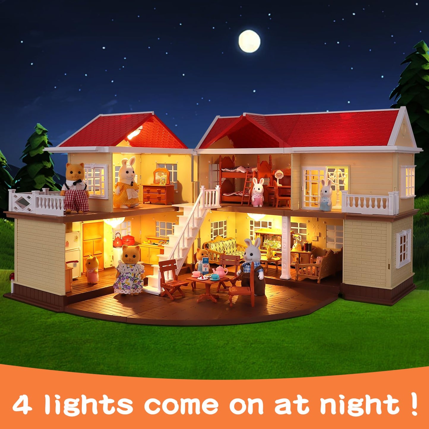 Family Cozy Cabin Doll House Playset, Dollhouse Furniture and Accessories,DIY Cottage Pretend Play Dollhouses, for Toddlers, Boys & Girls