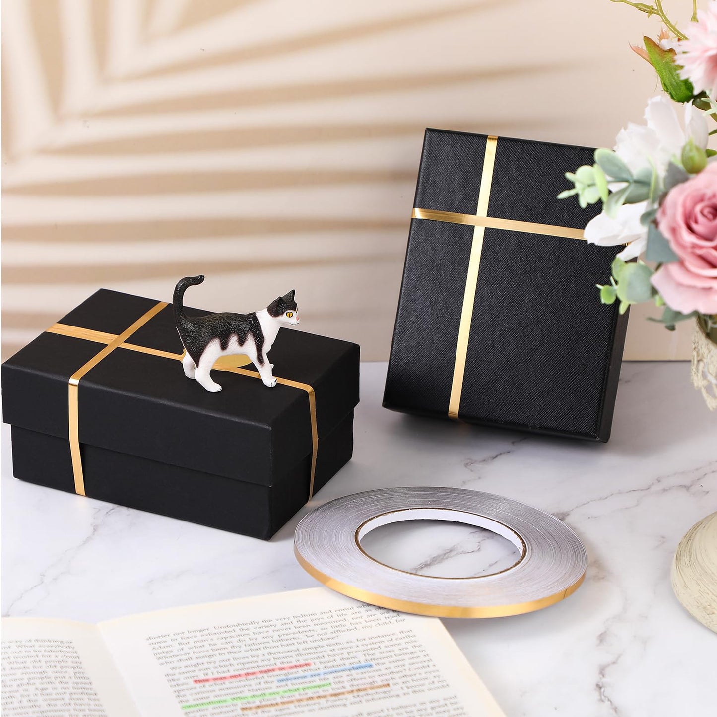 Zonon 3 Rolls 0.2" 0.4" 0.6" Gold Washi Tape 54.7 Yard Solid Foil Self Adhesive Polyester Film Metallic Tape for Detailing Graphic Arts for Crafts Walls Cars and Boats Trim(0.2'')