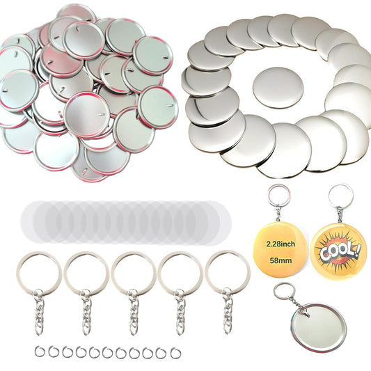 YiiYiiGO Button Maker Keychain Supplies, 50Sets 2.28inch/58mm Keychain Button Making Kit for Pin Maker Machine with Metal Shell Back Cover, Metal Top Cover, Transparent Film