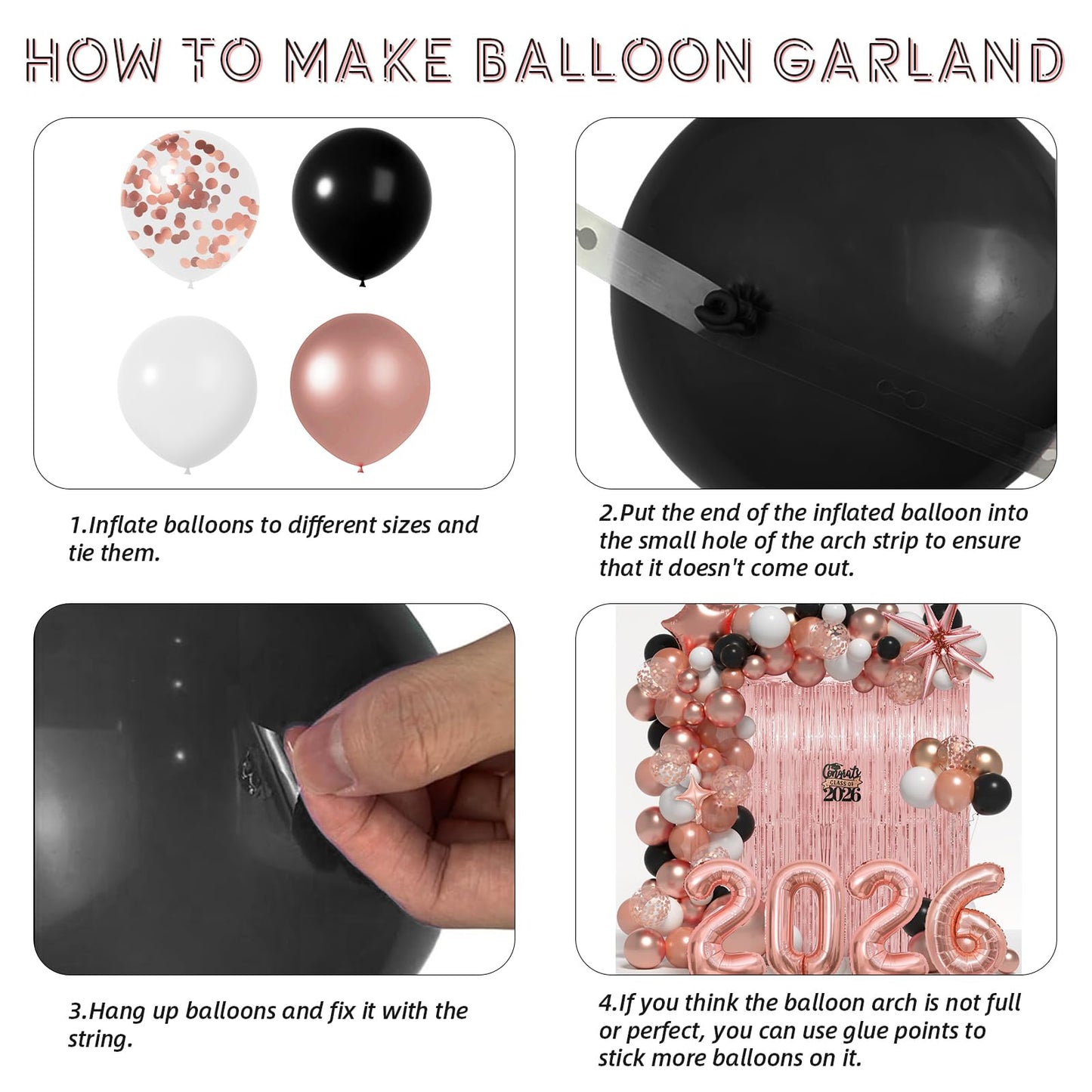 Graduation Balloon Garland Arch Kit for Graduation Decorations Class of 2026 - Rose Gold Black and White Balloons Different Sizes 5 12 18 Inch GraduationBalloons Arch for Grad Party Supplies