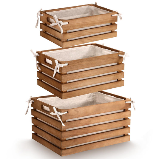 Yiyiring 3 Pack Wooden Crates with Liner, Multiple Sizes Wood Crates Decorative Storage Baskets Rustic & Farmhouse Decor for Display Home Pantry Bathroom Cabinets Kitchen Laundry Room Organizing