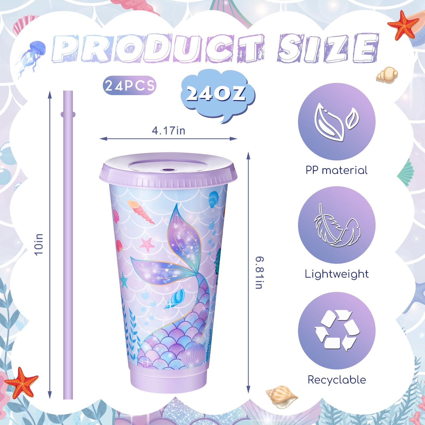 Uiifan 24 Pcs Mermaid Party Cups with Lid and Straw 24oz Mermaid Birthday Decorations Tail Shell Starfish Reusable Cup for Birthday Baby Shower Ocean Party Supplies
