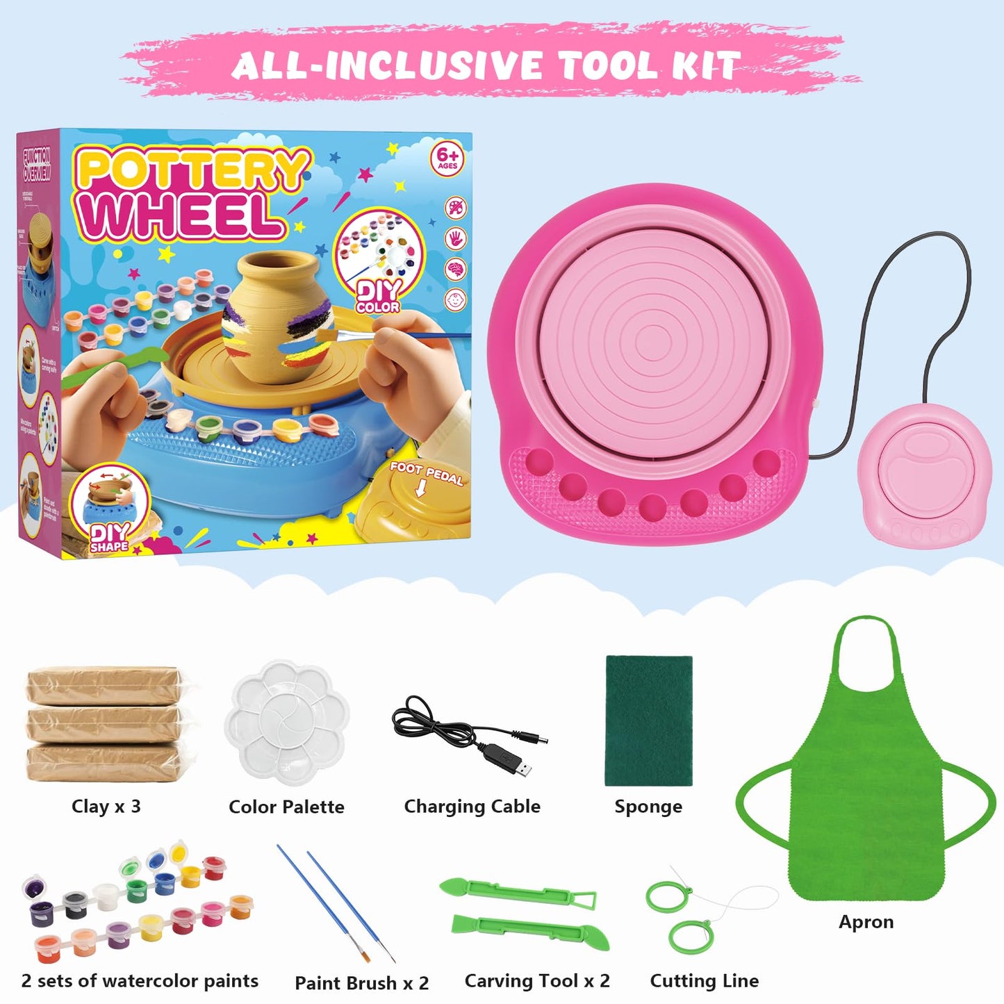 TingingYuli Pottery Wheel for Kids with Clay Kit - Arts and Crafts for Kids Ages 6-8 8-12, Complete Pottery Kit with Air Dry Clay and Painting Tools, Easter Christmas Birthday Gift for Boys Girls