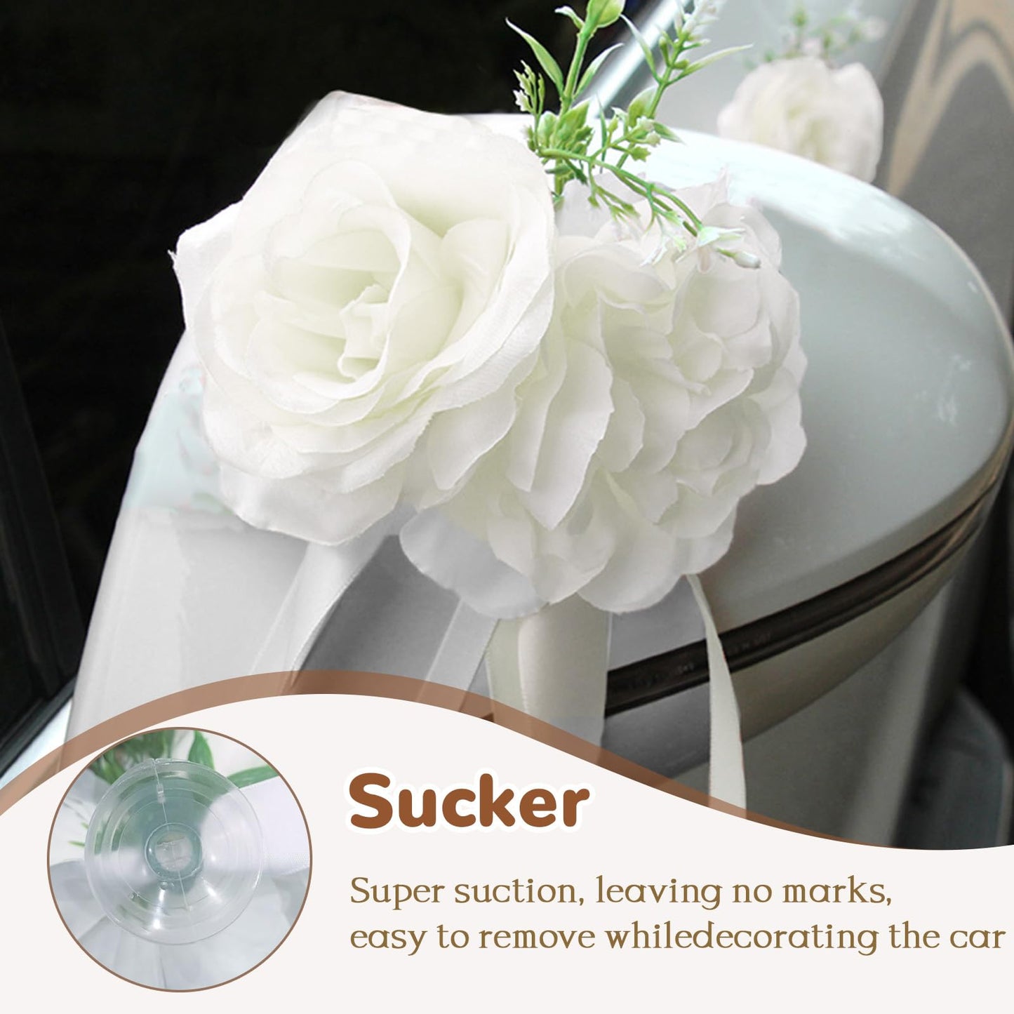 CusDusk White Wedding Car Decoration Kit – Floral Hood Arrangement, Side Mirror Flowers, Satin Ribbons & Door Handle Bows Tapes for Bridal Weddings Vehicles