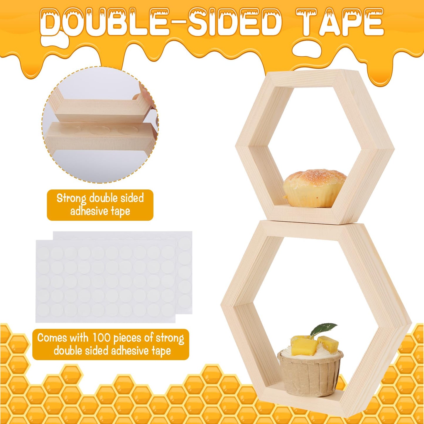 CIEOVO 10 Pcs Honey Comb Decorations, 5 Sizes Farmhouse Wood Hexagon Shelves Honeycomb Centerpiece Cupcake Stand Bee Hive Display Holder for DIY Birthday Wedding Baby Shower Honeybee Party Decor