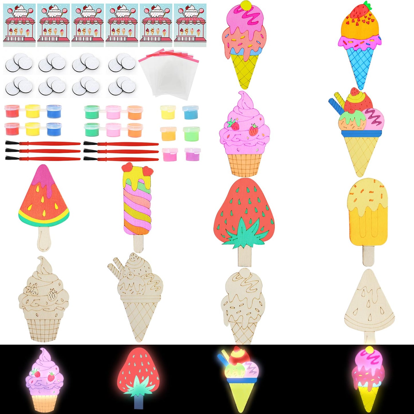 LARDUX 24pcs Ice Cream Party Favors Wood Painting Crafts - 8 Styles Ice Cream Shape Unfinished Woodchips Cutouts Craft Kits with Glow in The Dark Paint DIY Party Favors Birthday Party Decorations