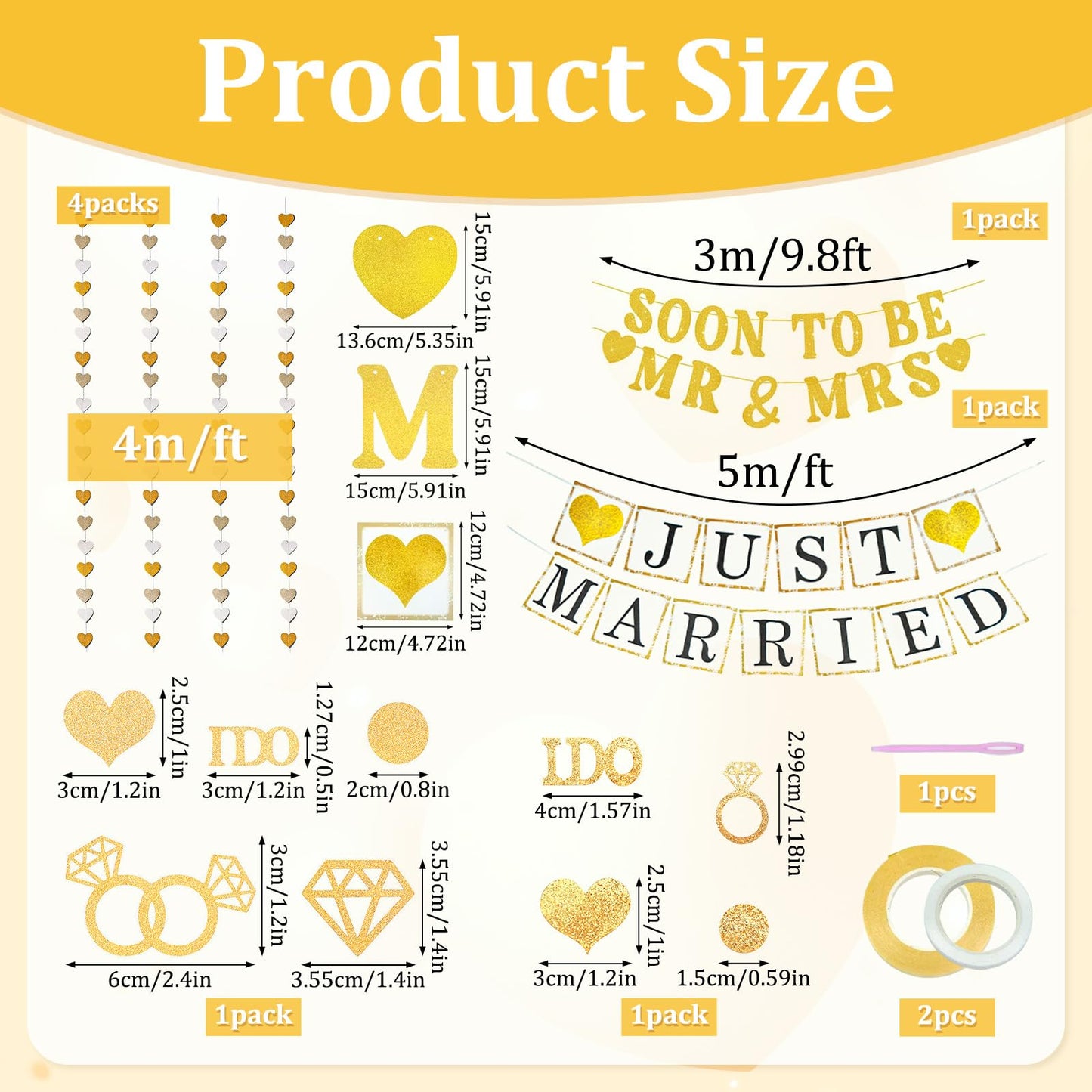 Wedding Banner Just Married Party Decorations Heart Streamers Garland Glitter Paper Diamond Ring Confetti for Bridal Shower Decor Home Party Engagement Party Bride'S Room Photp Prop Decorations