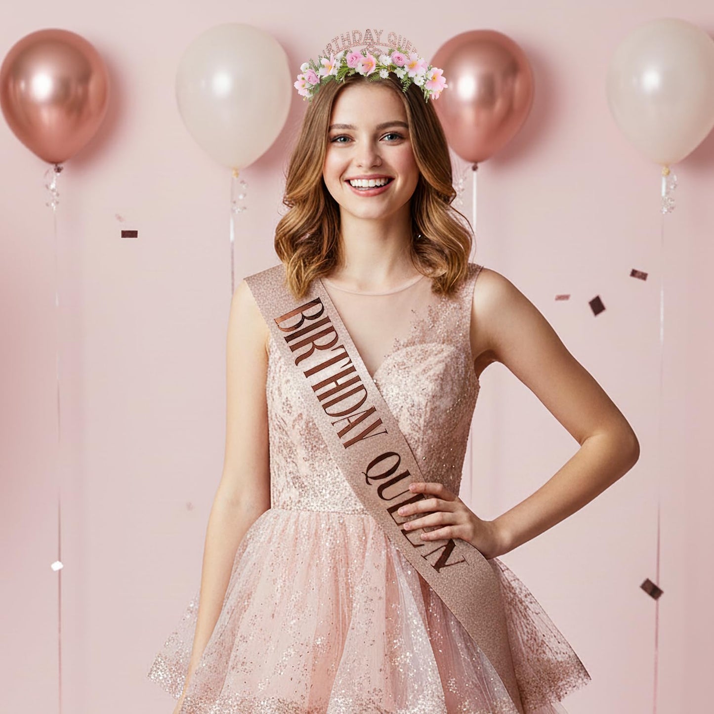 PartyforU Pink Birthday Queen Crown - Happy Birthday Tiara with Flowers and Sash Set for Party Photo Shoot Gift for Friend Mom