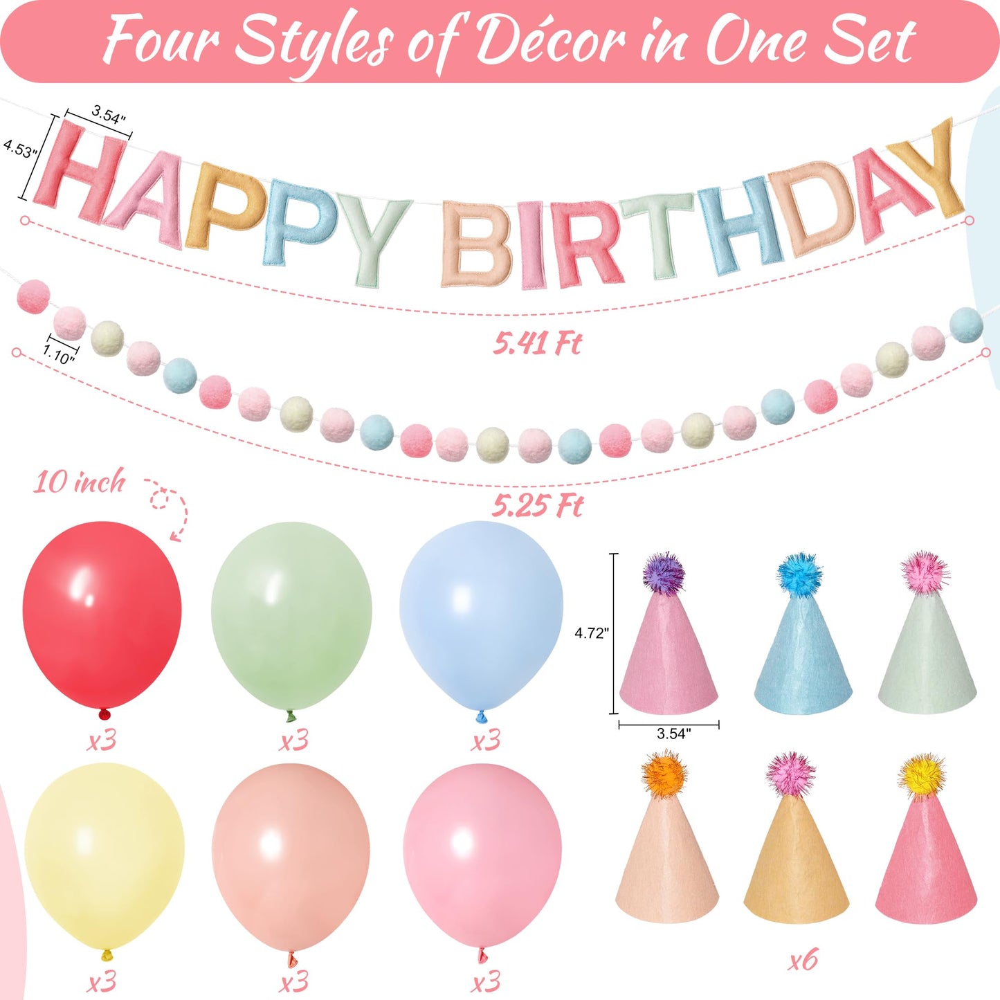 Kriyokiaa Pre-Strung Felt Happy Birthday Banner Retro Pastel Happy Birthday Party Decorations with Party Hats for Stuffed Animals, Pom Pom Garland and Latex Balloons for Women Girls Party Decor