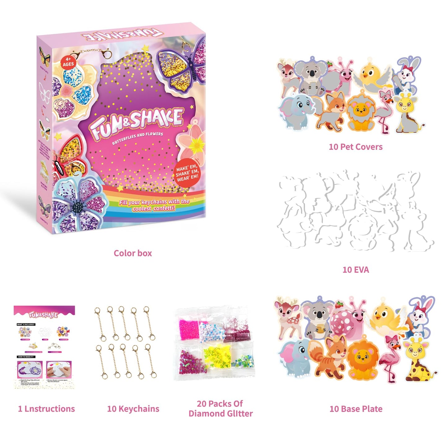 MZYTOZA Fun & Shake DIY Glitter Craft Kit with Keychains for Kids,Art & Craft Activity,Creative Travel Toy, Party Favors & Valentine's Gift for Ages 4-9