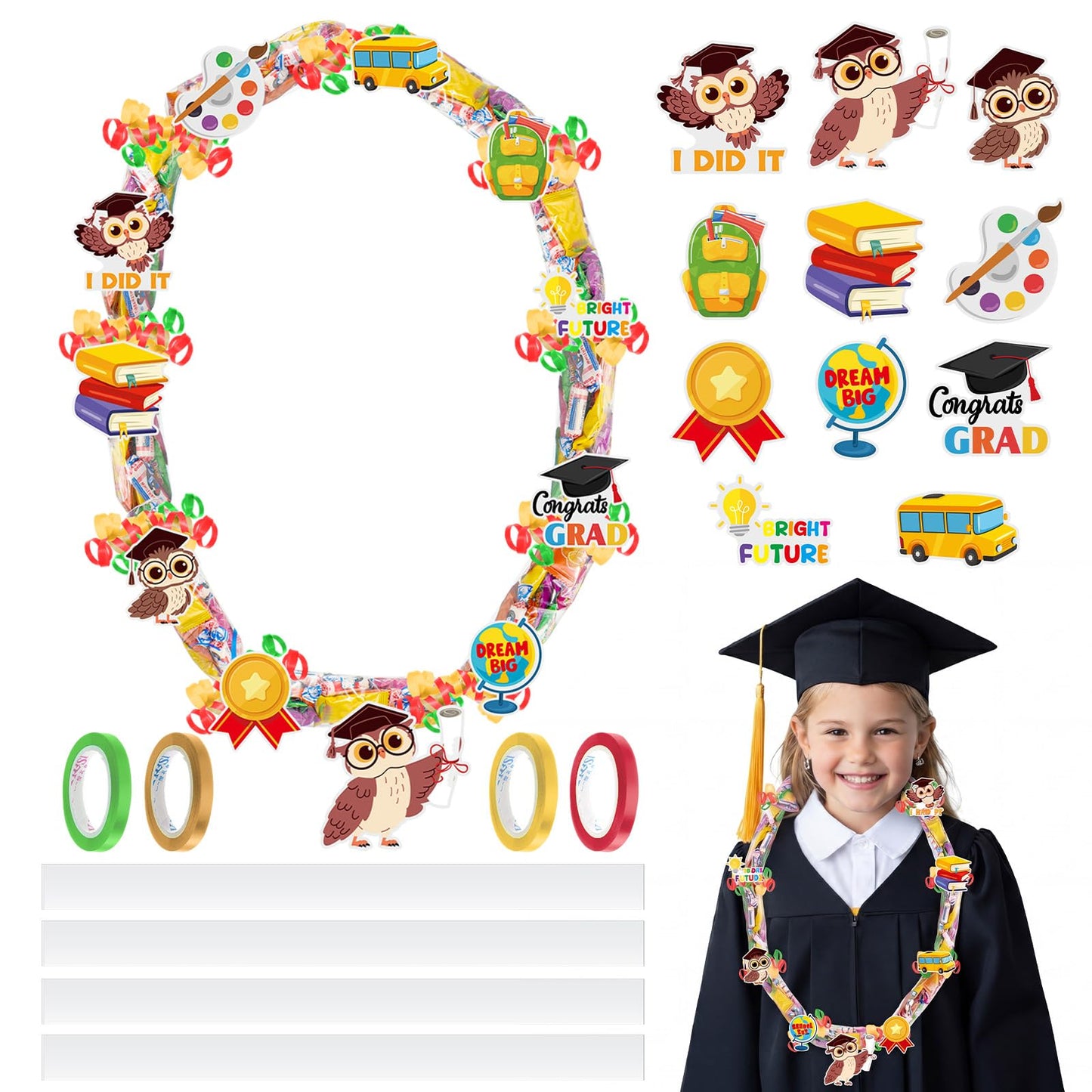 Spakon Graduation Candy Lei Making Kit, 2026 DIY Graduation Candy Lei Tubing with 4 PE Bags 4 Ribbon 11 Grad Cutouts for 2026 Grad Craft Supplies Snack Wrapping Birthday Party Favors(Owl)