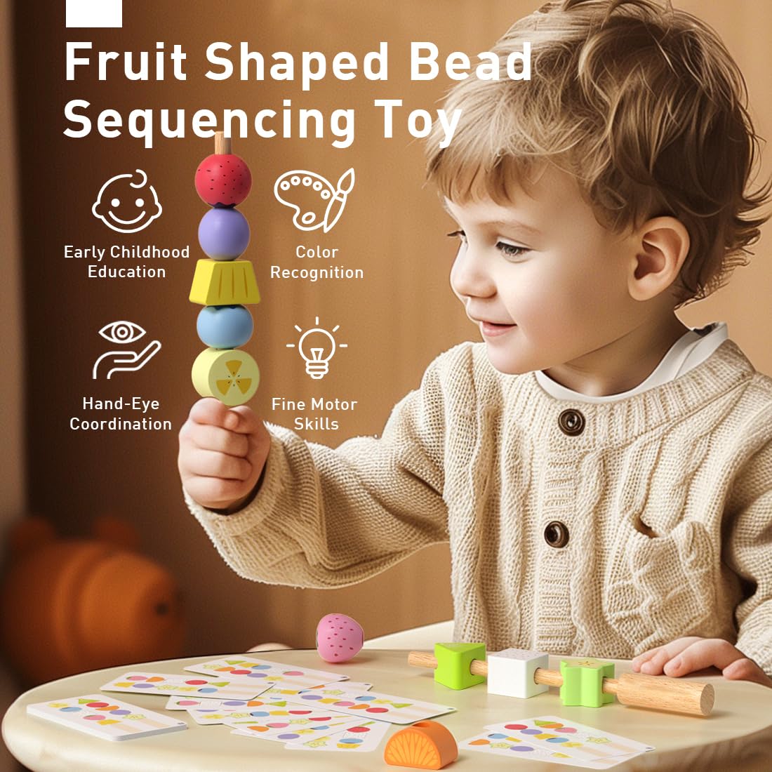 Wooden Montessori Lacing Beads Toy for Toddlers 2 3 4 5 Years Old, Fruit Themed Stringing Beads with Hard Rod & Pattern Cards, Fine Motor Skills Educational Sensory Toy for Boys Girls, Birthday Gift
