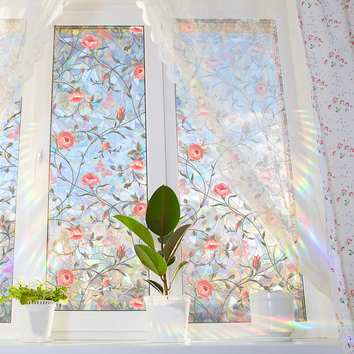 Runtoo Window Privacy Film Rainbow Rose Floral Window Clings 3D Decorative Vinyl Stained Glass Boho Pink Peony Flowers Decals Static Sticker Non-Adhesive, 15.75 x 40 inches