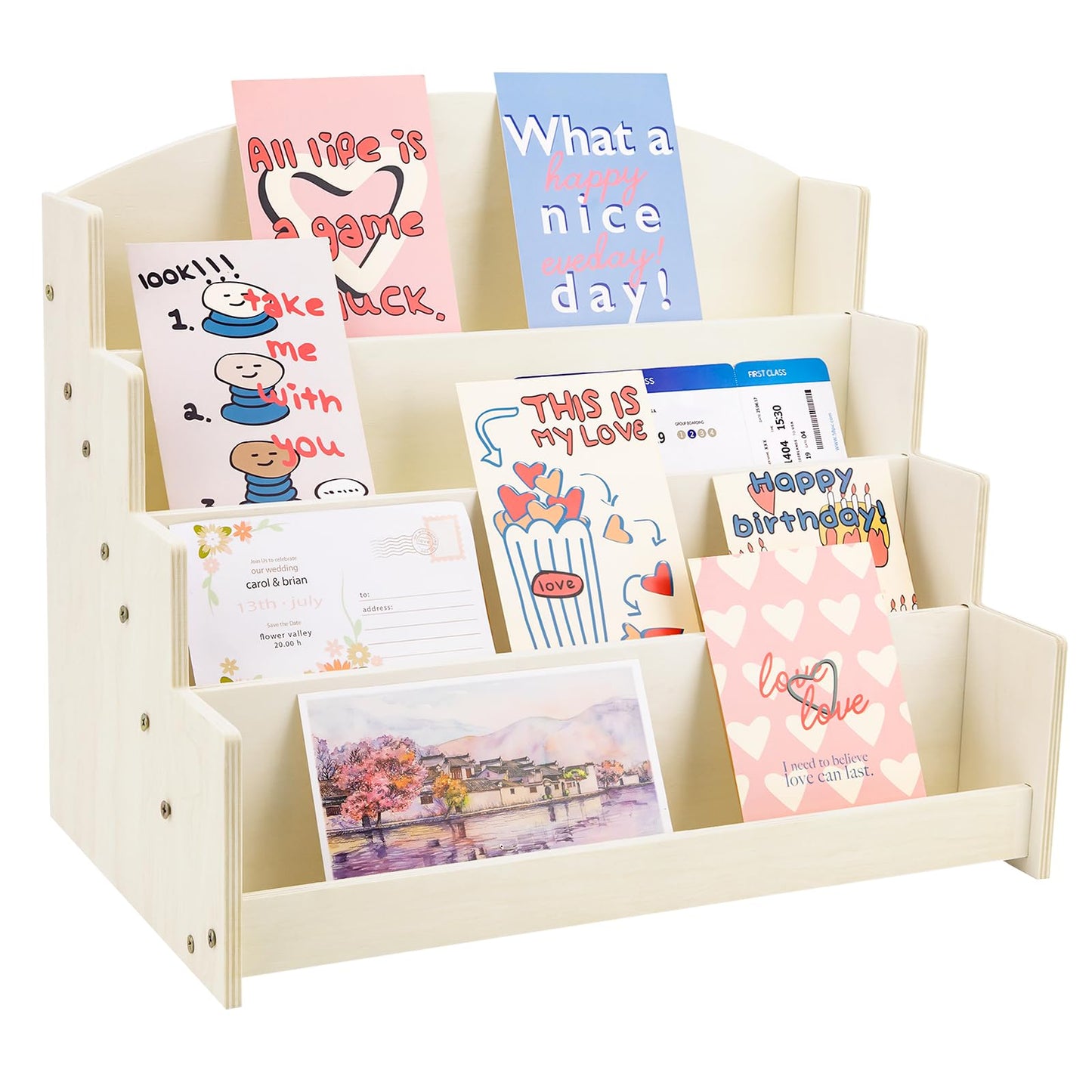 Aubeco 4 Tier 1Pc Wooden Greeting Card Display Stand, Sticker Organizer Rack, Retail Photos Shelf for Vendors Craft Collection, Retail Stores, Postcards, Jewelry, Snacks