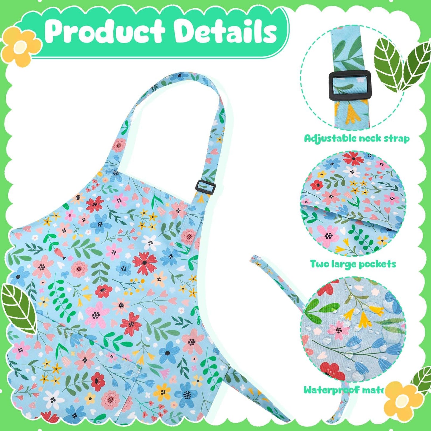 XLSXEXCL 2 Pack Kids Apron, Cute Floral Aprons, kids Aprons for Cooking Waterproof Art Apron with Pockets, Toddler Painting Artist Apron Adjustable for Boys and Girls for Painting Cooking Baking