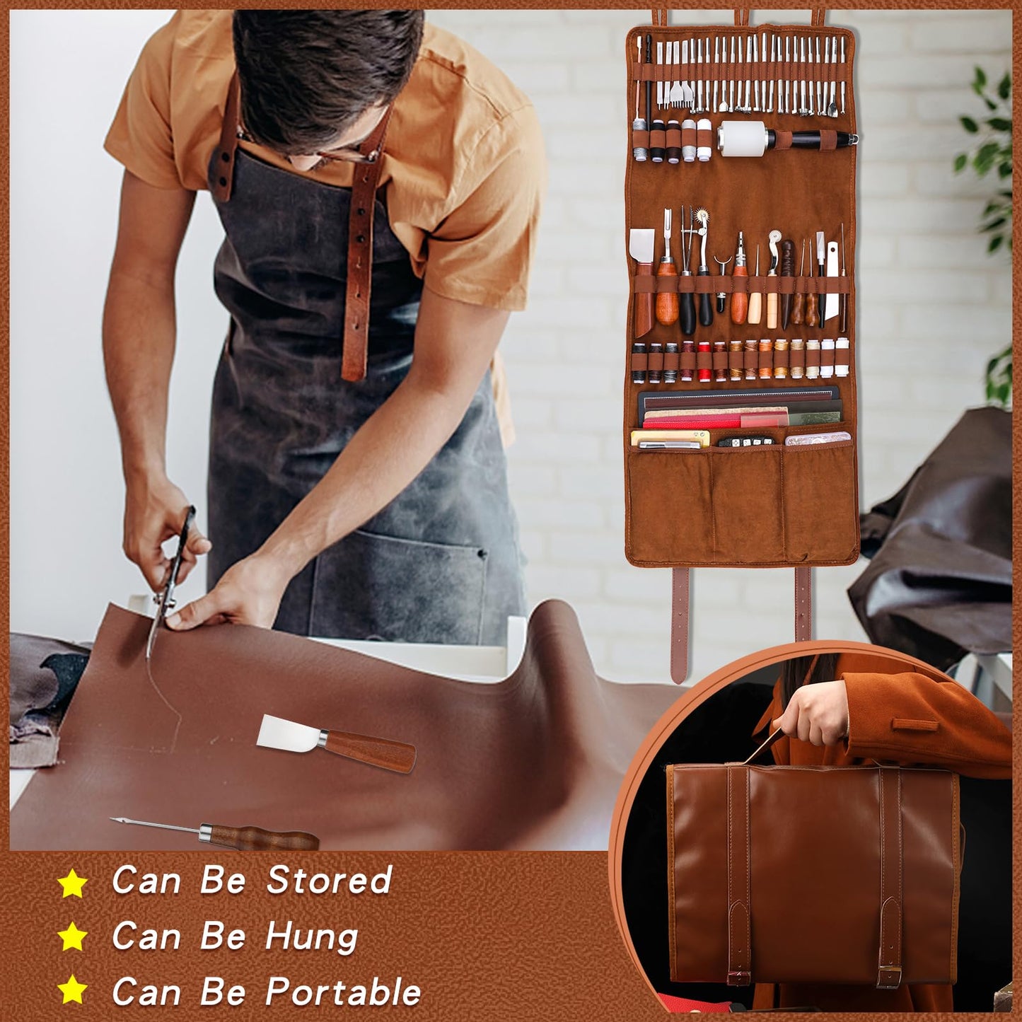 TLKKUE Leather Tooling Kit Leather Craft Tools Leatherworking Kit with Custom Handbag Cutting Mats Engraving Punching Sewing Stamping Sanding Tools for Handicraft Work Professional