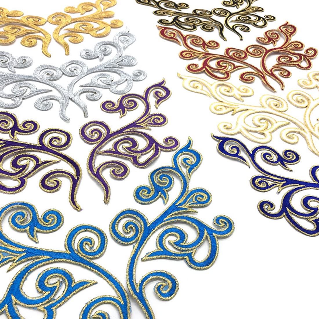 5 Pairs Embroidered Fancy Baroque Applique Swirl Iron on Patches Scroll Badge with Gold Trimming for Wedding Gown Dress Shoe Shirt Borders (Gold)
