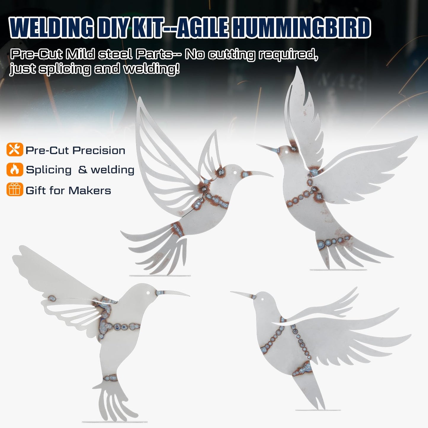 Otoolling 4 Pcs Hummingbird Welding Kit for Practice, Outdoor Metal Birds Decor for Yard, Wall & Fence Hummingbirds Craft Statue Ornaments Rustic Garden Sculptures Farmhouse Decor with Metal Base