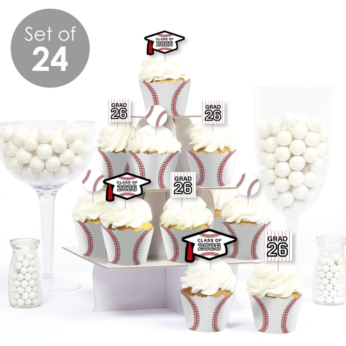 Big Dot of Happiness Grad Baseball - Cupcake Decoration - 2026 Graduation Party Cupcake Wrappers and Treat Picks Kit - Set of 24