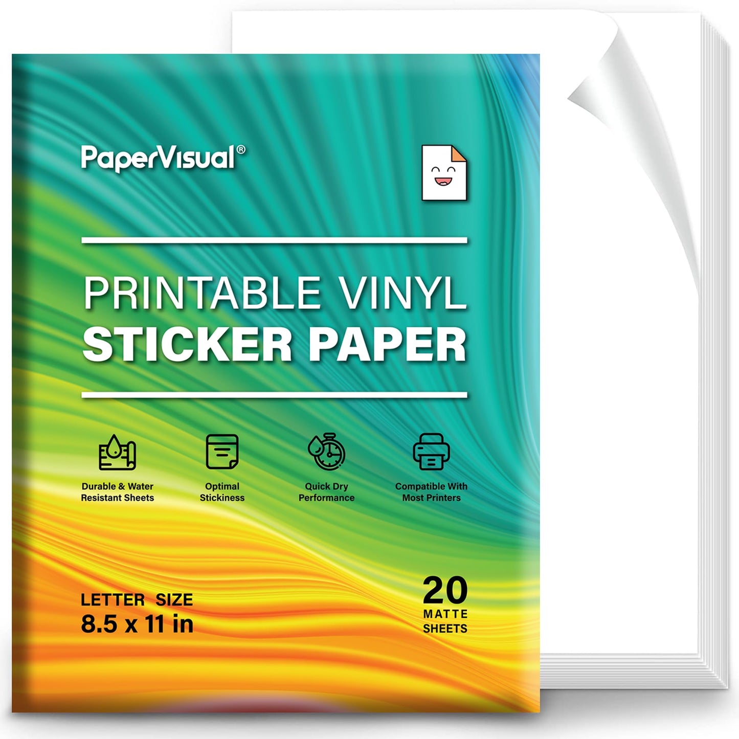 Premium Printable Vinyl Sticker Paper for Inkjet and Laser Printer - 20 White Matte Sticker Paper Waterproof - Excellent Adhesion Paper 8.5 x 11, Fast Dry, Holds Ink Well, Great for Cutting Machines