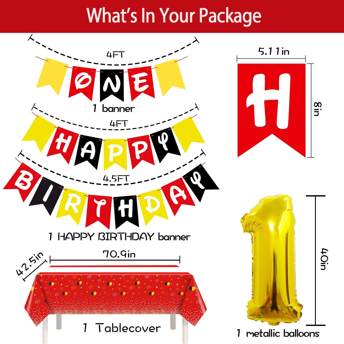 1st Red Black Yellow Birthday Party Supplies Decorations 58Pcs Happy Birthday ONE Banner Tablecloth 1 Foil Balloon Hat Door Sign Cupcake Topper Video Game Party Decorations for Boys Girls Kids Babies