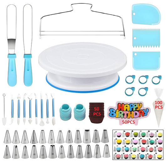YOQXHY Cake Decorating Kit, 248 Pcs Baking Supplies Tools with Cake Turntable, Leveler, 24 Numbered Icing Tips, 2 Spatulas, 3 Scrapers, 2 Couplers, 50 Cupcake Liners, 100 Pastry Bags & More, (Blue)