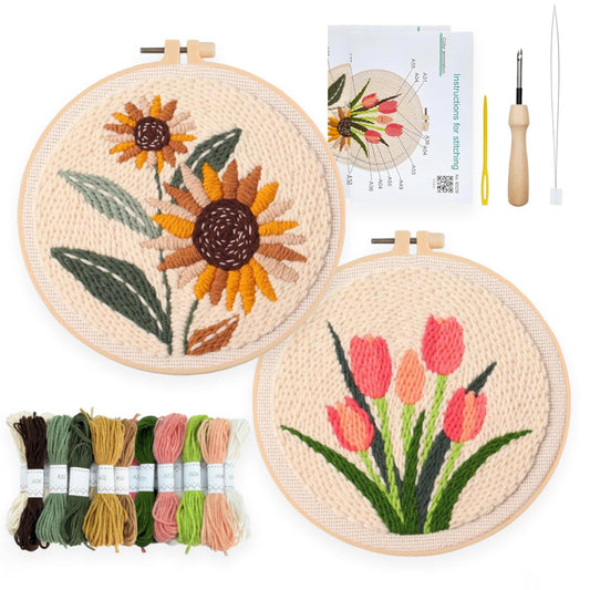 YWAOAIJD Punch Needle Embroidery Kit,2Pcs Embroidery kit for Beginners,Include Punch Needle Tools,Embroidery Hoops,2Pre-Printed Fabric & Color Threads,DIY Craft for Home Decor & Gifts (Flower)
