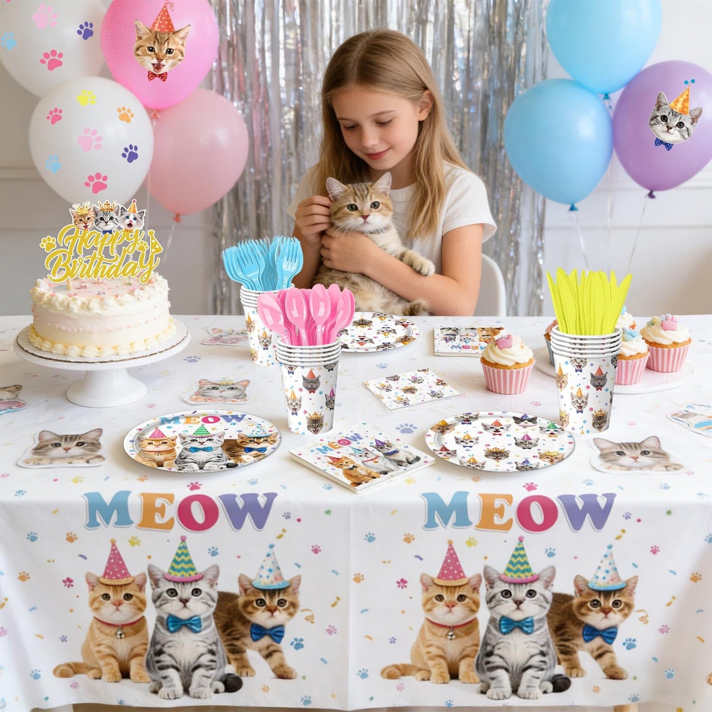 Cat Birthday Decorations Party Supplies Kit, Plates, Napkins, Cups, Cutlery, Banner, Hanging Swirls, Honeycomb Centerpieces, Balloons, Tablecloths for Cat Themed Birthday Party Decorations, Serves 20