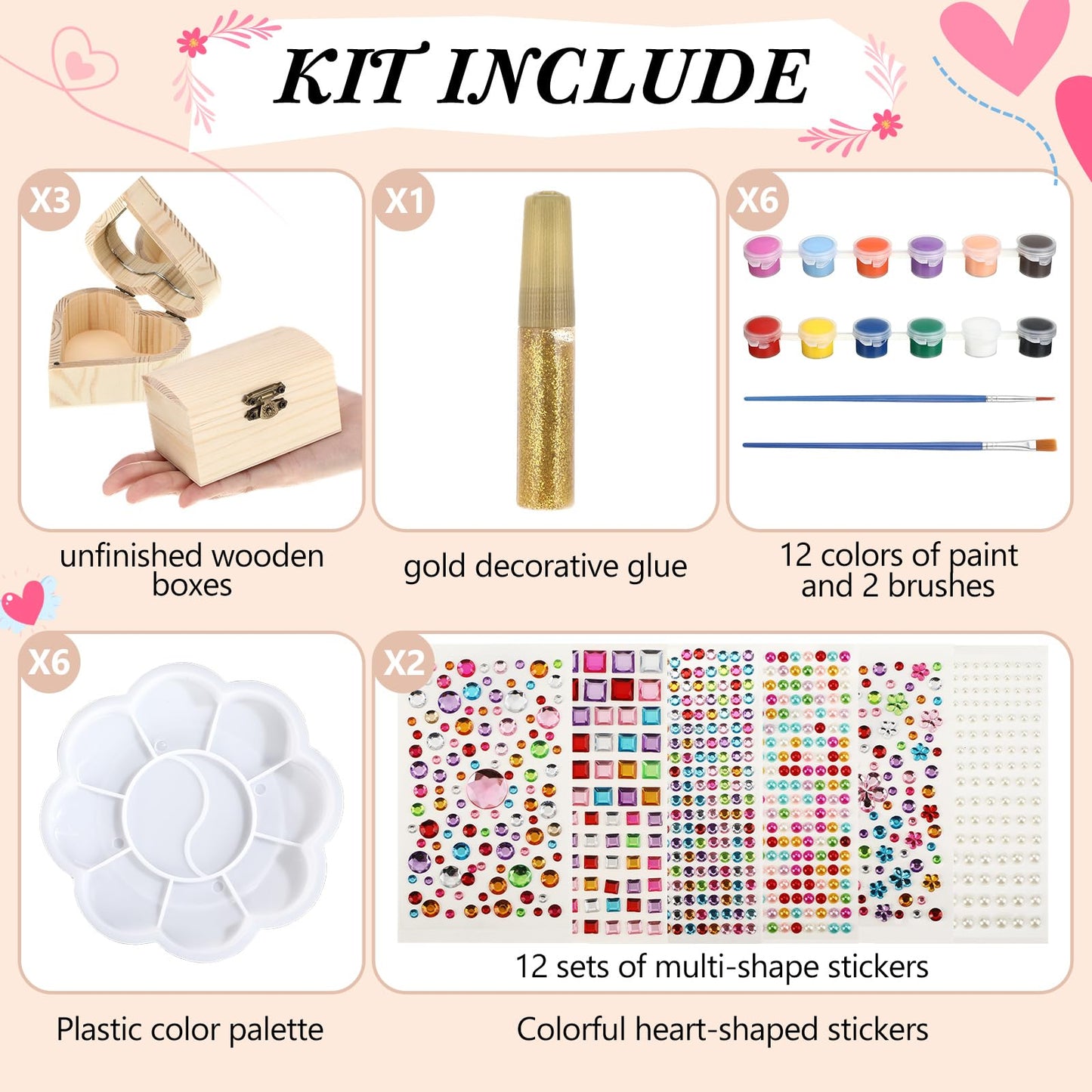Kigley 6 Pack Paint Your Own Wooden Jewelry Box DIY Crafts Kits Heart Treasure Box Kit Unfinished Arts and Craft for Ages 3-12 Year Old Girls Boys Birthday Gifts Valentines Mother's Day Favors