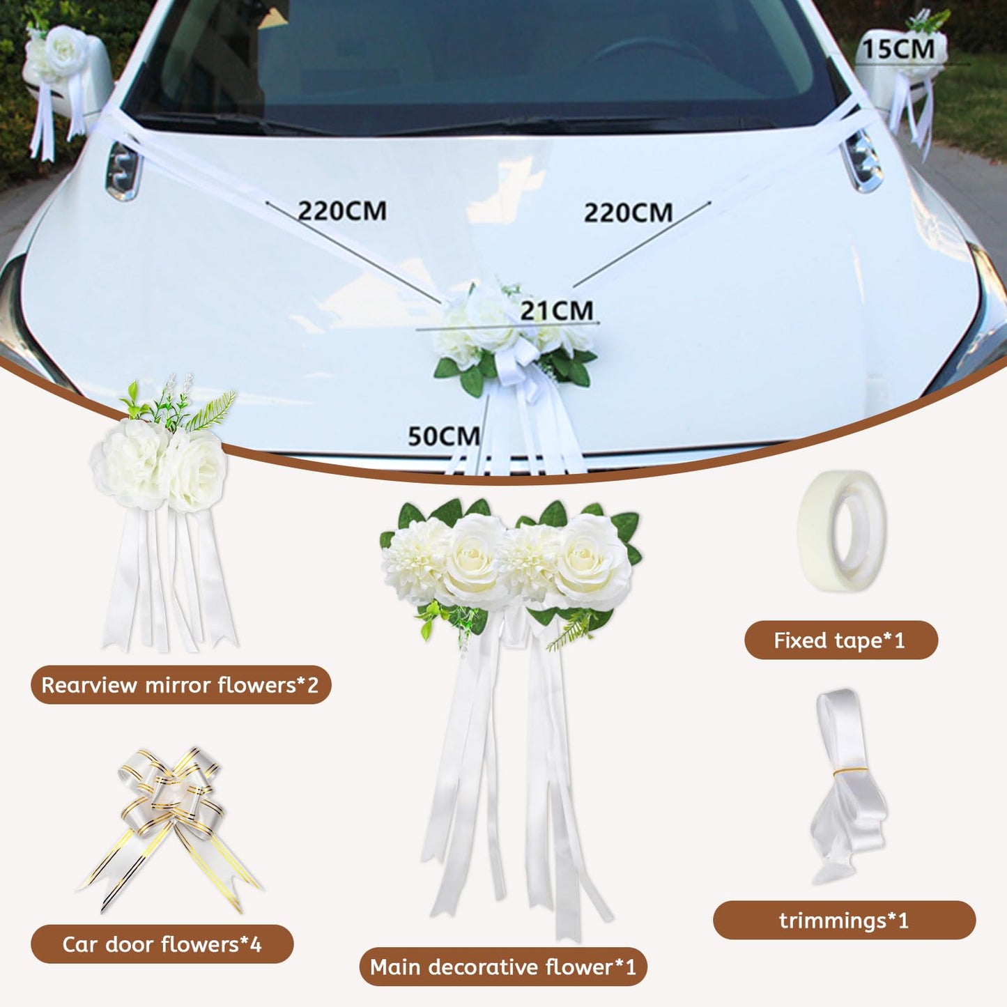 CusDusk White Wedding Car Decoration Kit – Floral Hood Arrangement, Side Mirror Flowers, Satin Ribbons & Door Handle Bows Tapes for Bridal Weddings Vehicles
