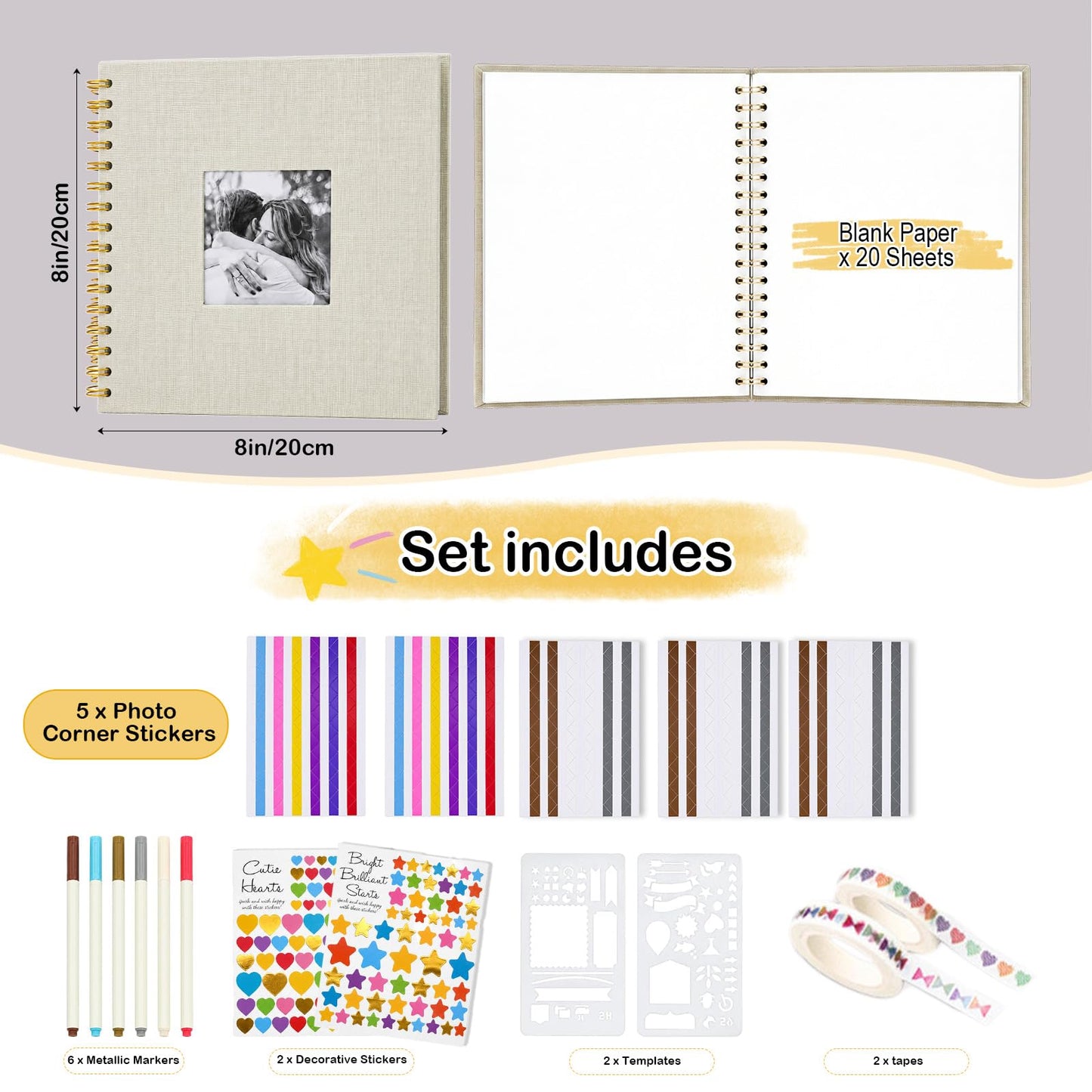 Cvochtty Scrapbook Album 40 Pages with DIY Kits, Craft Paper Photo Album, Cream-White Linen Cover Scrapbooking for 2x3 3x5 4x6 5x7 Pictures, Memory Book for Wedding Baby Family Birthday
