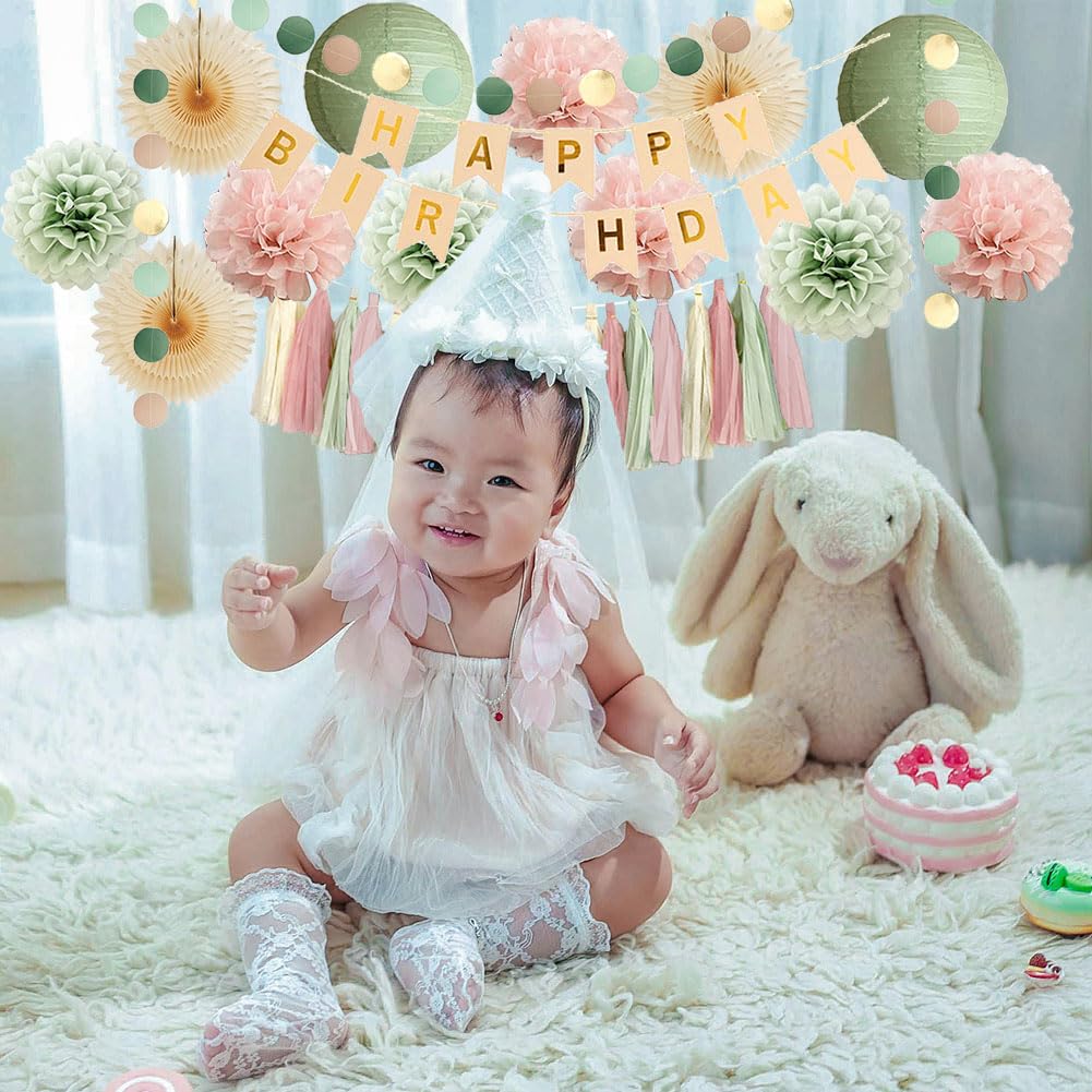 Sage Green Blush Pink Birthday Decorations Boho Pastel Sage Green and Dusty Pink Birthday Decorations for Women Girls Beige Fans with Light Pink Cream Dusty Rose Tassel Garlands Banner Beige and Gold