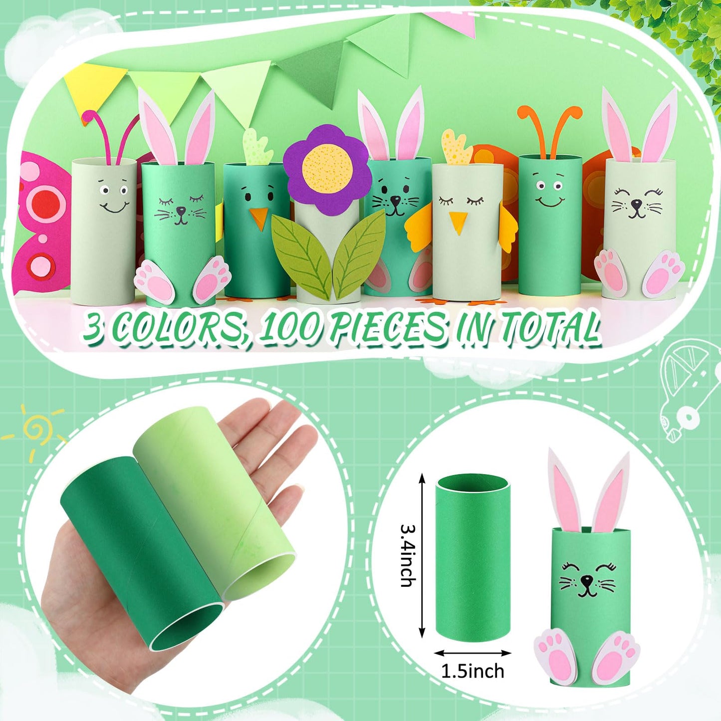 Henoyso 100 Packs Cardboard Tubes for Crafts, Thick Toilet Paper Rolls Empty for Kids Classroom Projects End of School Year Crafts Mother's Day DIY Gift Supplies (1.57 x 3.74 Inch,Green Series)