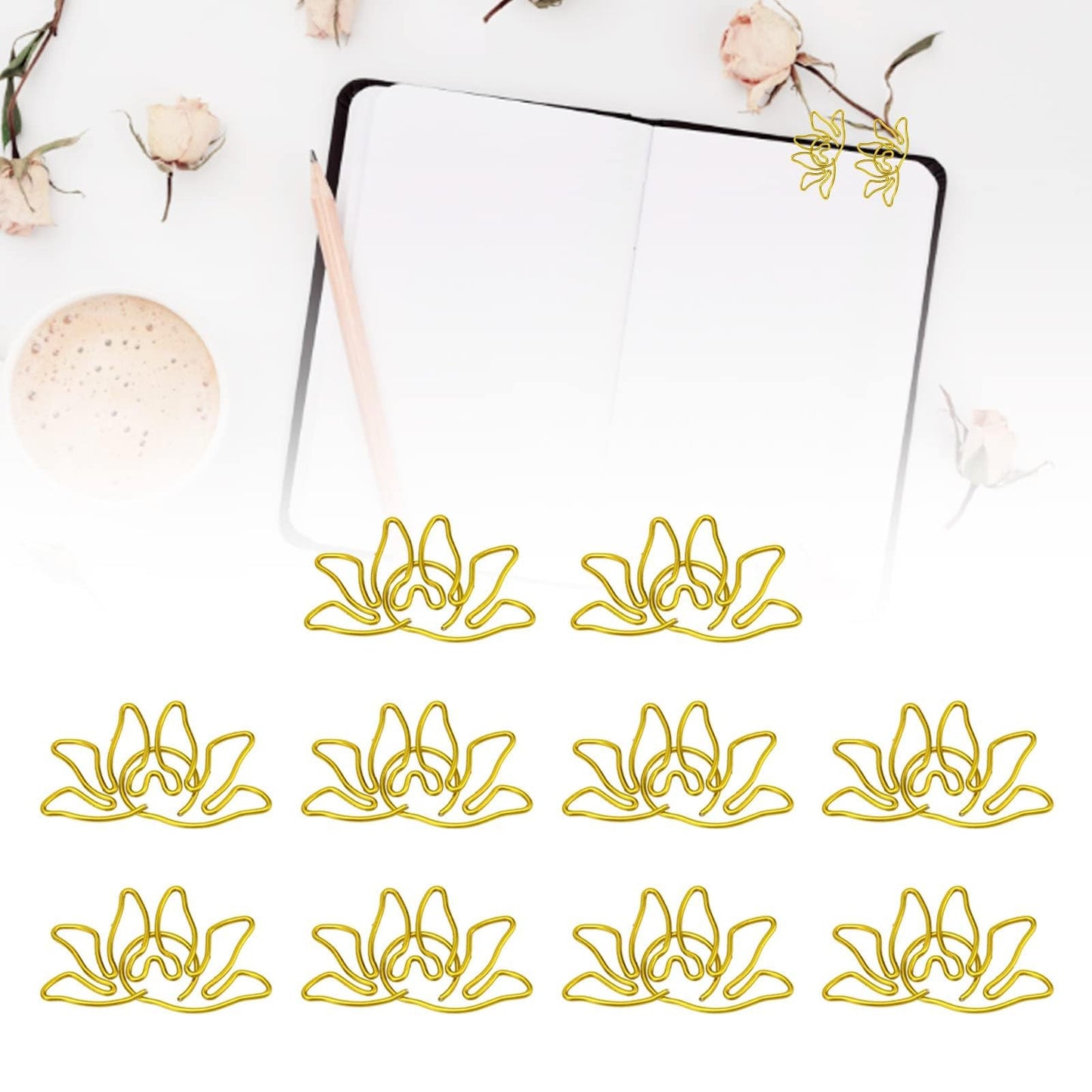 Kukyller 100PCS Small Gold Paper Clips, Small Metal Lotus Flower Shaped Paper Clips Decorative Paperclips Portable Office Supplies for Office School Home Desk Organizers