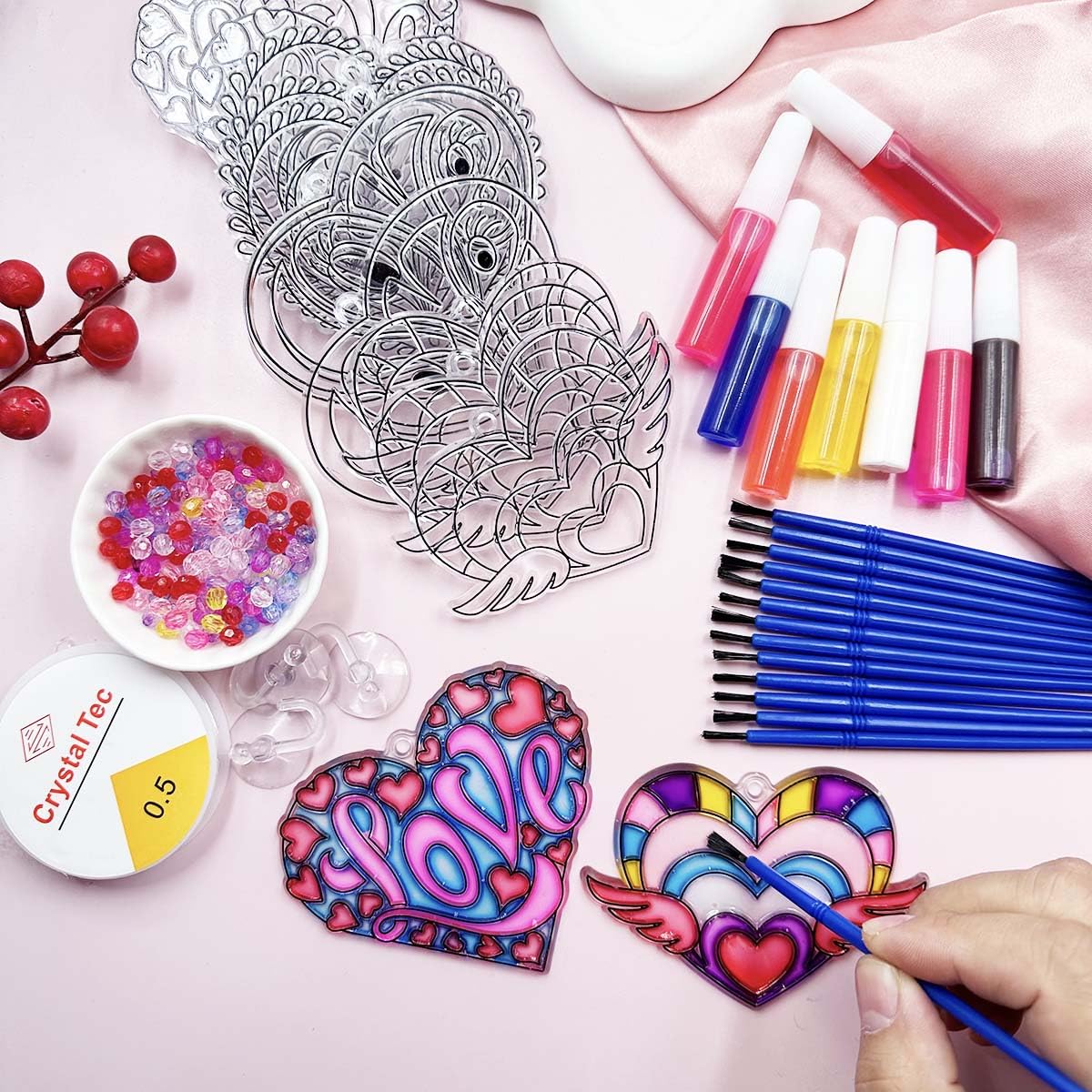 AUEKIV 30 Sets Valentine's Heart Suncatchers Craft DIY Kit Window Paint Art Suncatchers Valentine's Day Heart Sun Catcher Art Crafts Supplies for Valentine Gift Exchange Classroom Activities