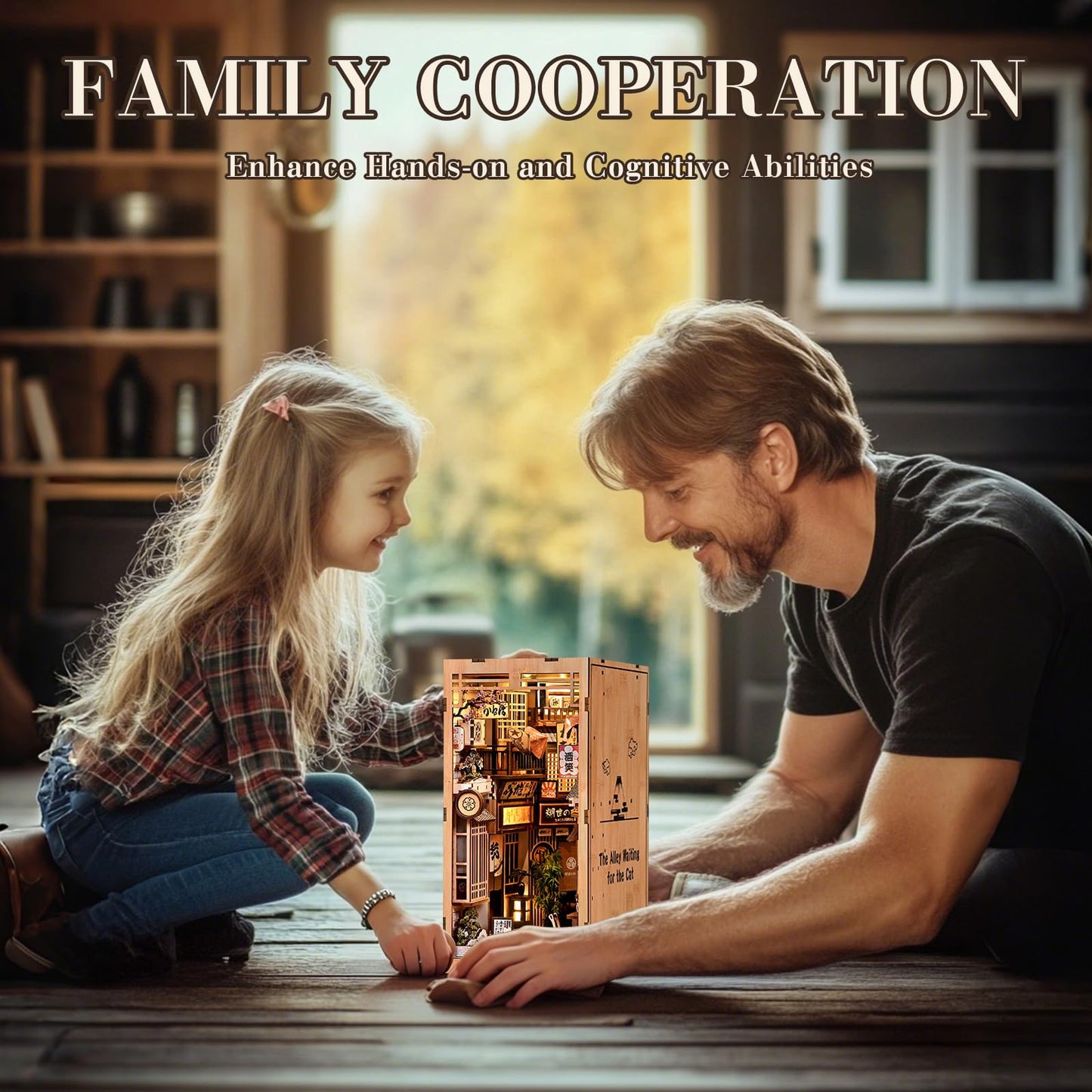DIY Book Nook Kit, 3D Wooden Puzzle Bookend with LED Light, Japanese Street Alley Miniature House Model, Creative Shelf Insert Decor & Arts Crafts Gift for Adults Teens (The Alley Waiting for the Cat)