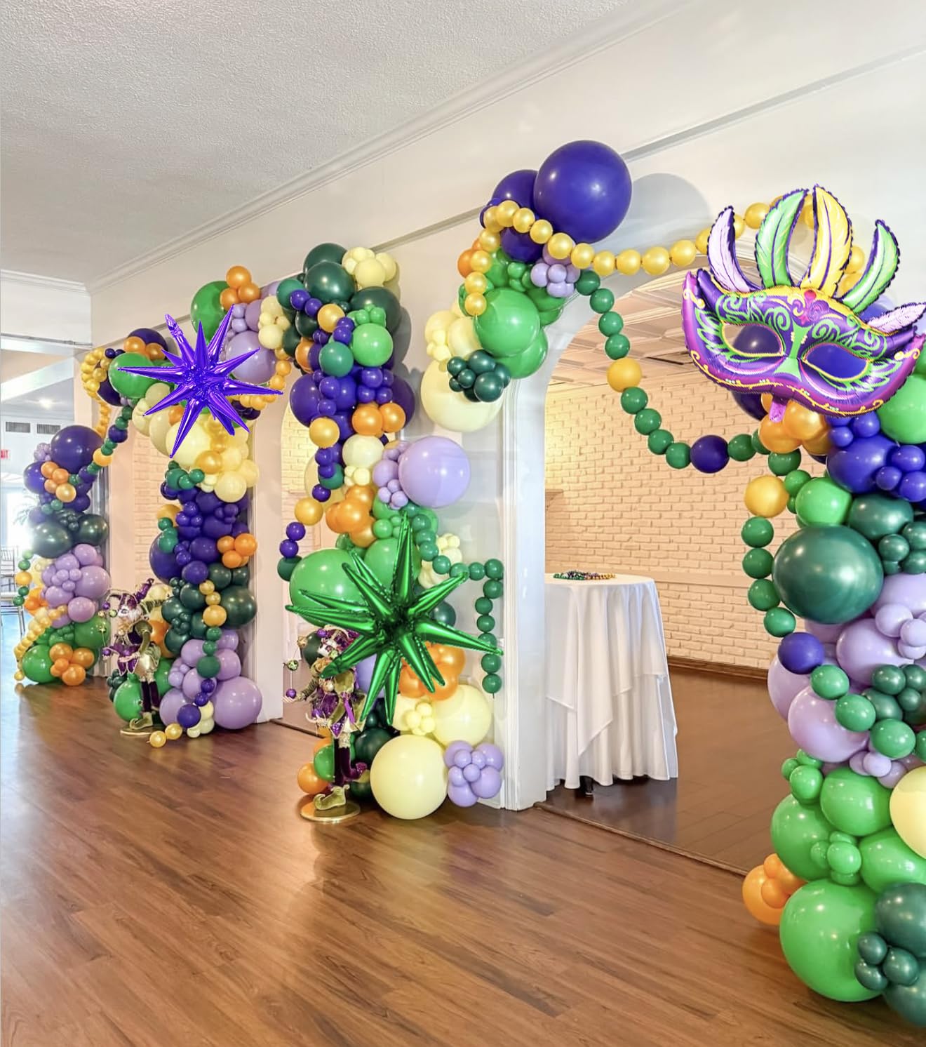 Mardi Gras Purple Green Yellow Gold Balloon Garland Arch Kit 156Pcs with Large Mardi Mask Explosion Star Foil Balloons for Carnival Birthday Masquerade Party Decorations Fat Tuesday Party Supplies
