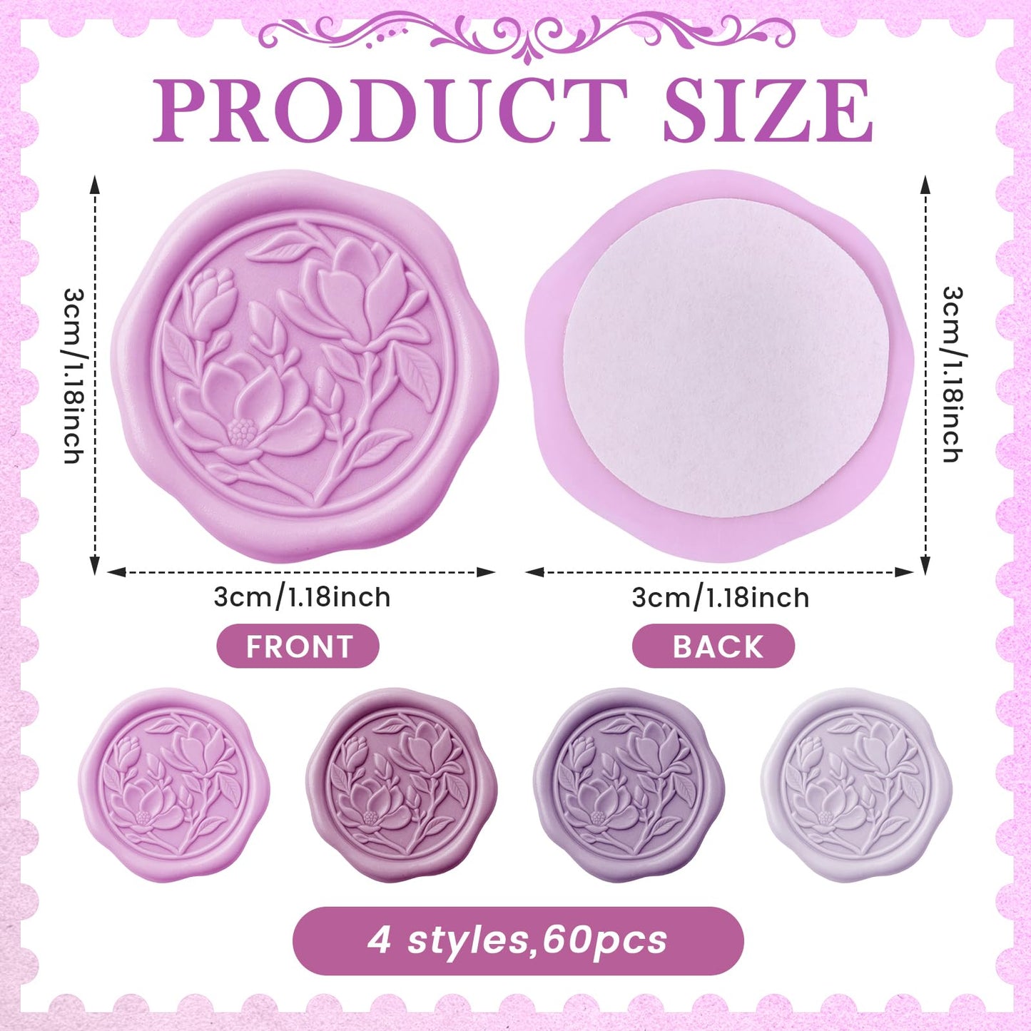 Jaloro 60 Pcs Wax Seal Stickers Magnolia Envelope Seals Wedding Botanical Wax Stickers for Wedding Engagement Baby Shower Party Favor Invitations Scrapbooking Mother's Day Gift Wrap(Purple Series)