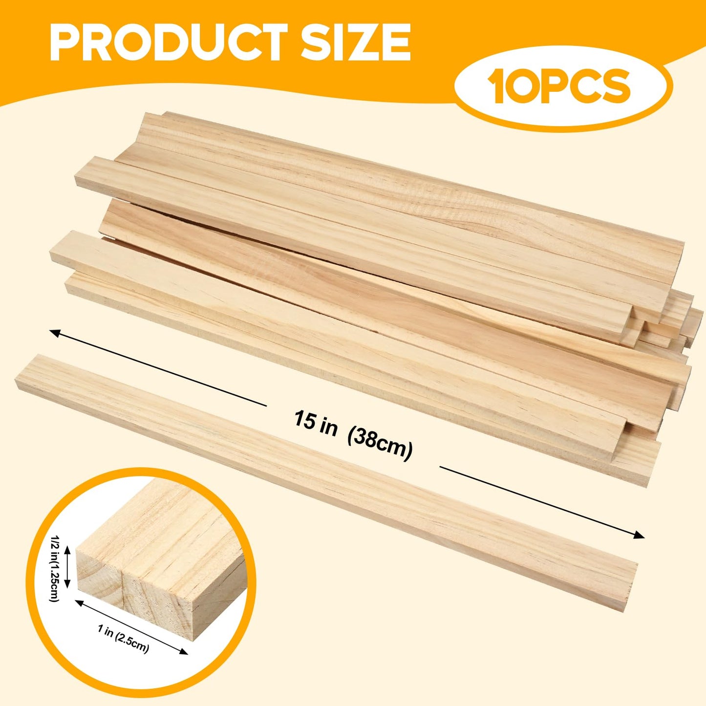 Wood Strips Slats for Wall, Square Wooden Dowels for Crafts 1/2"x 1" x 15", 10 PCS Wood Trim Planks for Crafting, Unfinished Pine Wooden Sticks Lumber Pieces for Woodworking Models Making Dollhouses