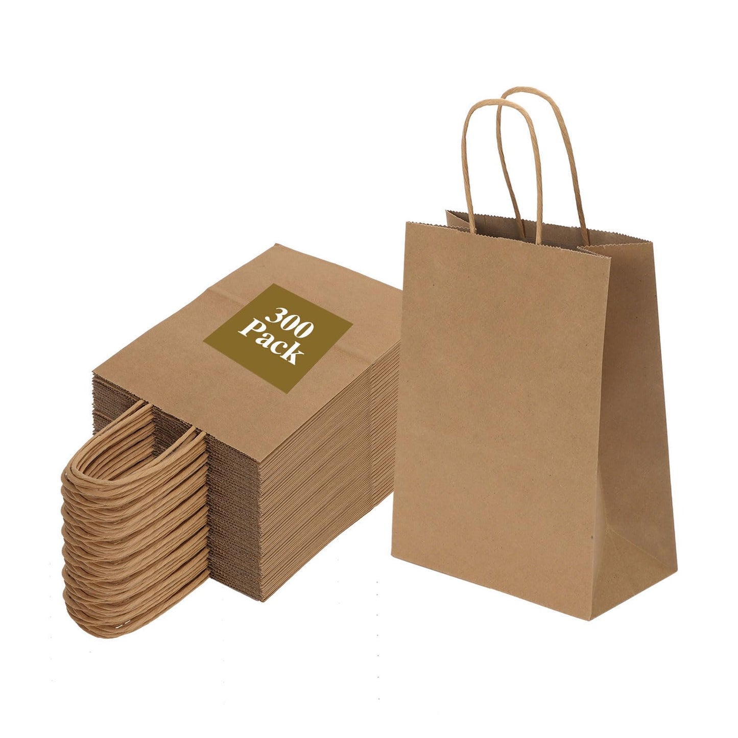 Joybe 300 Pack 5.95x3.25x8 Inch Small Brown Paper Bags with Handles Bulk, Kraft Paper Gift Bags for Birthday Party Favors Grocery Retail Shopping Business Goody Craft Sacks (Plain Natural, 300pcs)