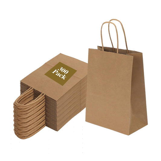 Joybe 300 Pack 5.95x3.25x8 Inch Small Brown Paper Bags with Handles Bulk, Kraft Paper Gift Bags for Birthday Party Favors Grocery Retail Shopping Business Goody Craft Sacks (Plain Natural, 300pcs)