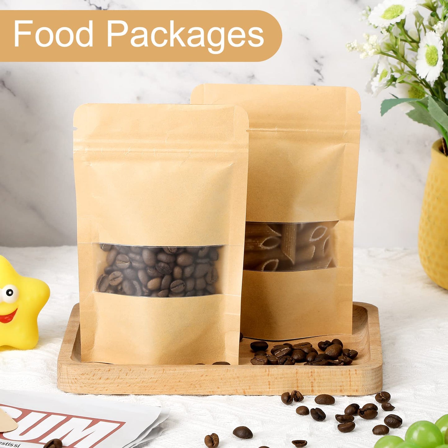 Leelosp 300 Pcs Kraft Bags with Window 4 x 6 Inch Kraft Stand up Reusable Pouches Food Storage Paper Bags Heat Sealable Zipper Sealing Pouches Bulk for Bakery Snack Home or Packaging Business(Brown)