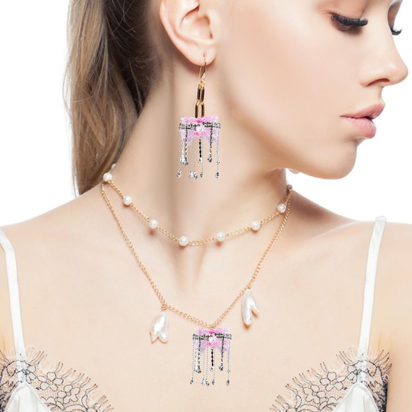 6Pcs White Lace Bow Rhinestone Acrylic Tassel Focal Beads for Pens Colorful 3D Bow Spacer Beads for DIY Craft Beadable Pens Jewelry Bracelet Necklace Earrings Keychain Making