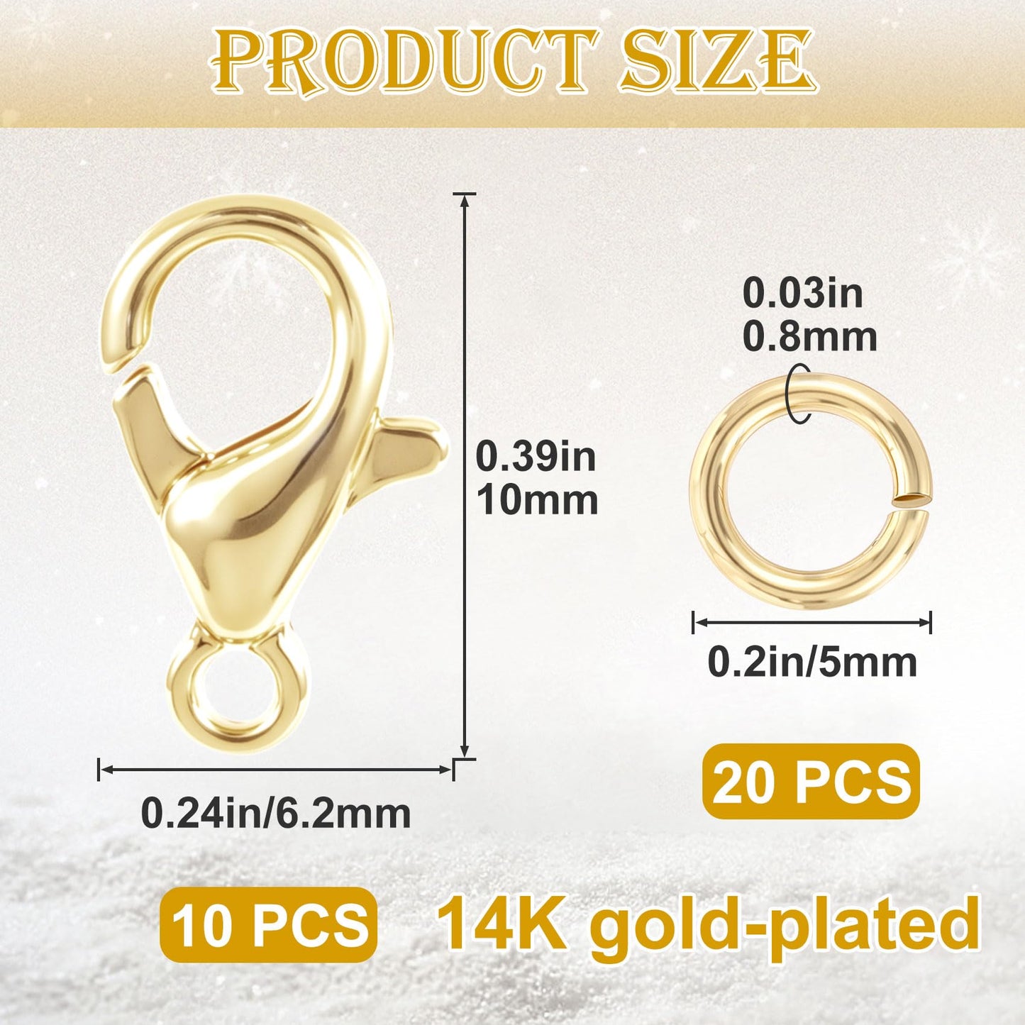 BEIQIYA 30pcs Lobster Claw Clasps & Jump Rings, 14K Gold Plated Metal Lobster Clasps, Jump Rings Jewelry Finding Kit for Necklace Bracelet Jewelry Making