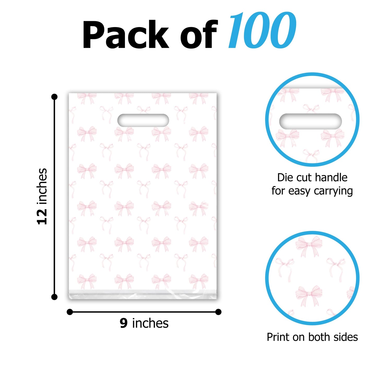 Pro Supply Global Pink Bows Designer Style with Die-Cut Handles, 9"x12" Pack of 100 – Ideal Retail Boutique Merchandise Carriers for Shops, Crafts, Farm Stand, Vendors, Parties, Holiday & Everyday Use