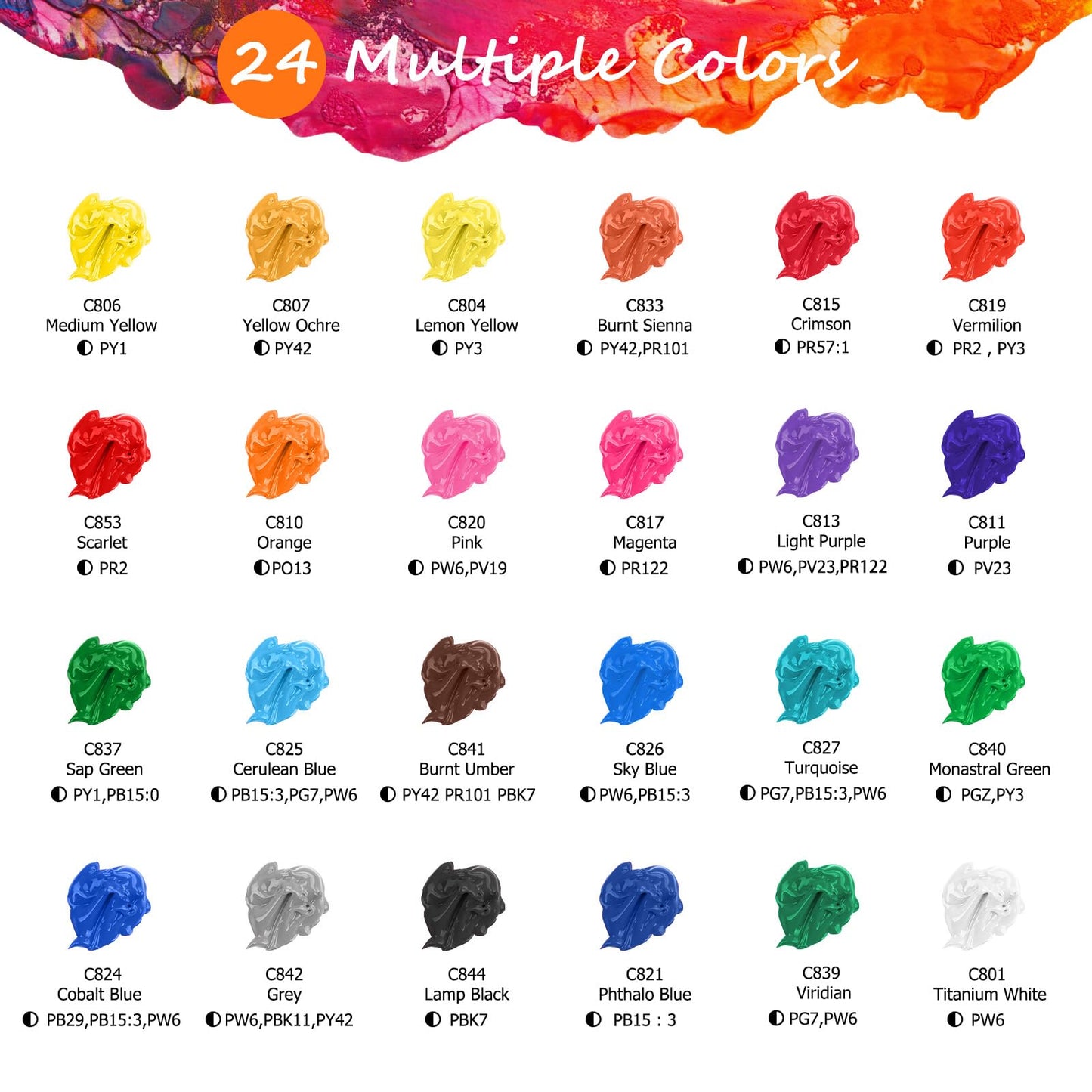 Caliart Acrylic Paint Set with 12 Brushes, 24 Colors Wood Craft Paints for Adult Artist Beginner Painter, Rich Pigments, Halloween Pumpkin Canvas Ceramic Rock Painting Art Kit Supplies